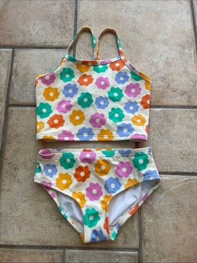 Hanna Andersson Cream Floral Tank Bikini with Multicolor Flowers